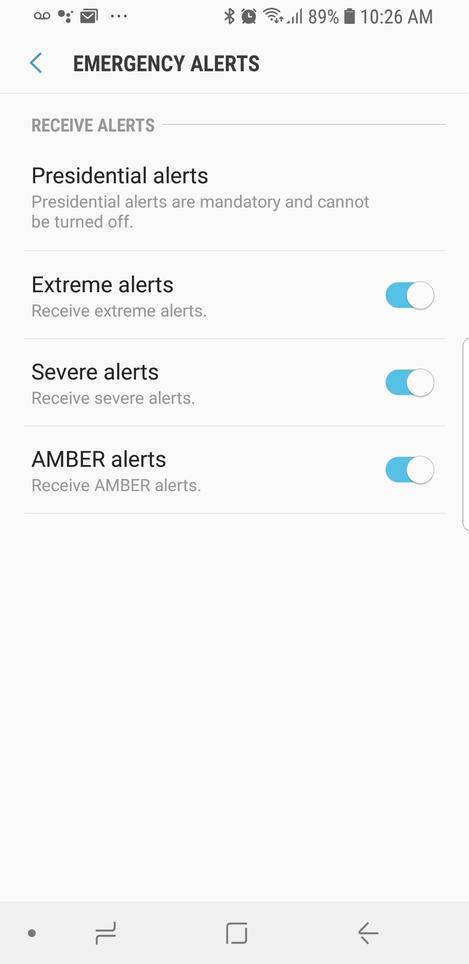 Emergency alerts toggle screen