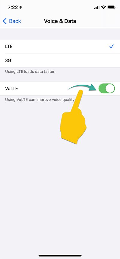 VoLTE toggle switch in Voice and Data menu