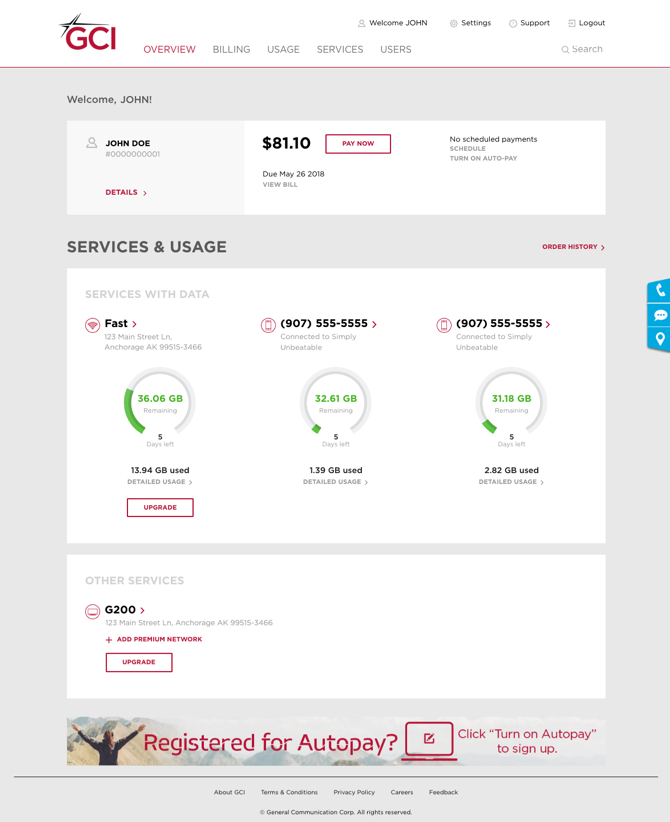 Services and usage screen