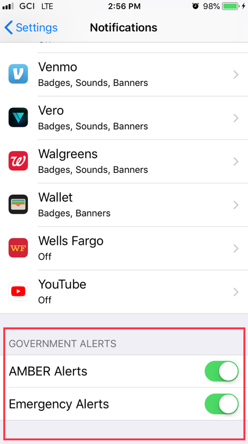 Government alerts toggle switches