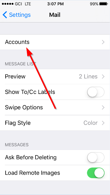 Accounts menu item on iPhone