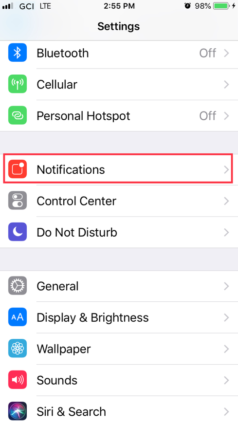 Notifications option in the Settings menu