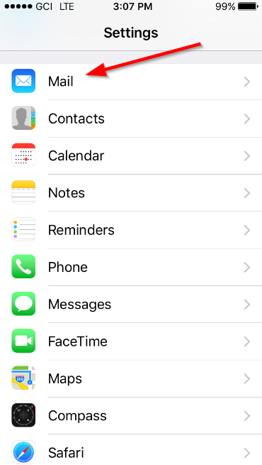 Mail app location within Settings on iPhone
