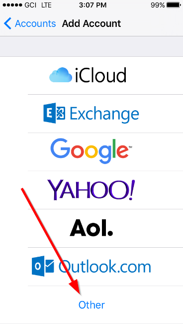 Other option on Add account screen