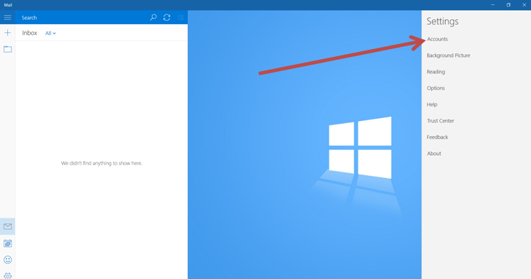 Webmail accounts option in Windows 10